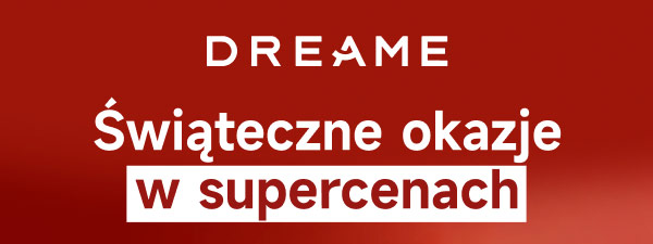 Czerwone tło z białym napisem DREAME na górze. Poniżej znajduje się tekst Świąteczne okazje w supercenach w białym i czerwonym kolorze.