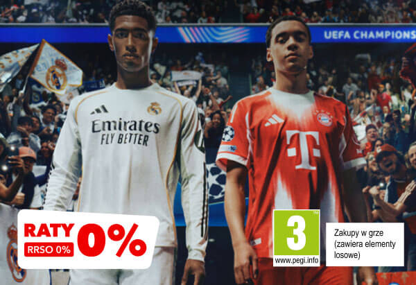 Na zdjĂÂciu widoczni sĂÂ dwaj piÄšÂkarze w strojach klubowych, otoczeni przez kibicÄĹw na stadionie, z banerem UEFA Champions League w tle. W lewym dolnym rogu znajduje siĂÂ czerwony napis RATY 0% RRSO 0%, a obok zielona etykieta z oznaczeniem wiekowym 3 oraz informacjĂÂ Zakupy w grze (zawiera elementy losowe) i adresem www.pegi.info.