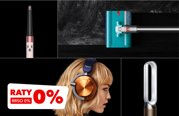 Na zdjęciu widoczne są różne urządzenia elektroniczne, w tym słuchawki, suszarka do włosów i odkurzacz. W lewym dolnym rogu znajduje się czerwono-biały napis RATY 0%, RRSO 0%.